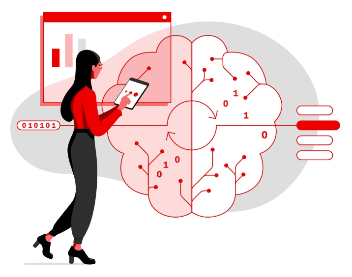 Ilustração de uma pessoa usando interfaces de inteligência artificial e machine learning